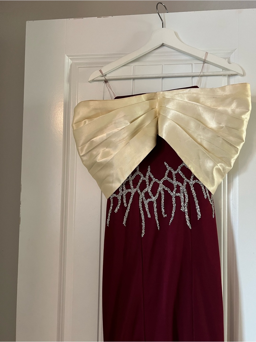 Ivory Bow Top Burgundy Evening Gown